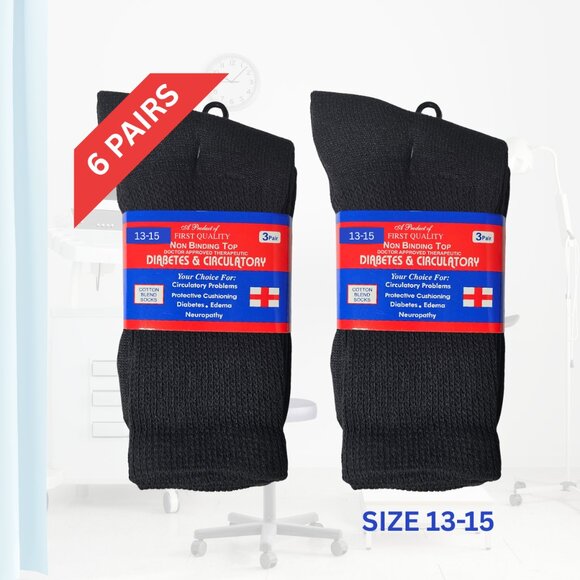 Men's Black Crew Diabetes Diabetic Socks Neuropathy Edema Cotton Size 13-15 New - Picture 2 of 5
